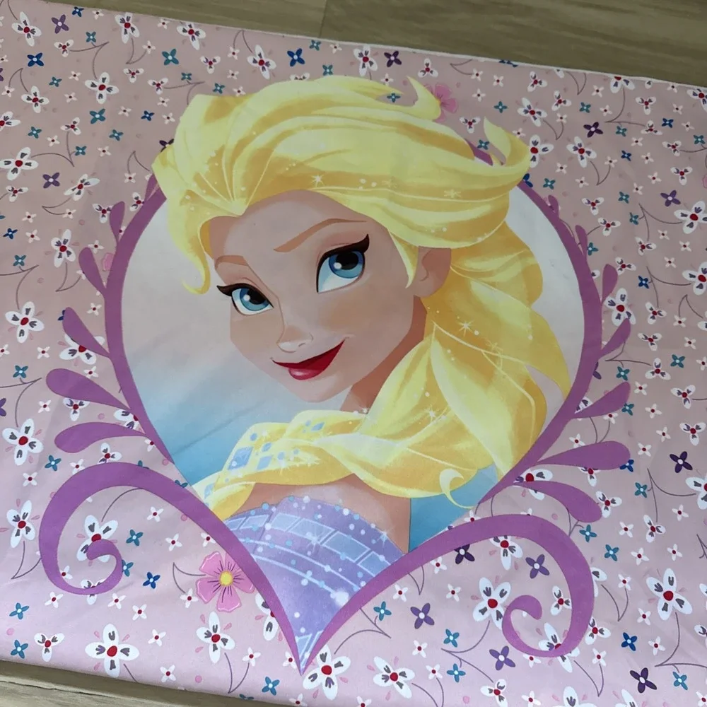 Disney Frozen Elsa Anna Pillowcase Pink Blue Purple Flowers EUC Double Sided